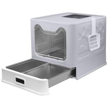 Imagem de Modign Caixa de areia de aço inoxidável com tampa, caixa de areia grande dobrável com tampa, caixas de areia de entrada superior cobertas, caixas de areia para gatos fechadas com colher de areia para