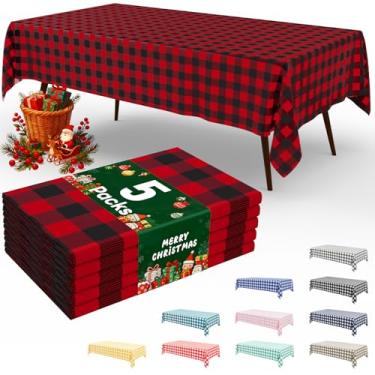 Imagem de misaya Pacote com 5 toalhas de mesa descartáveis de búfalo, 137 x 272 cm, toalha de mesa de plástico impermeável, retangular, preto e vermelho, capas de mesa xadrez para piquenique, aniversário, festa