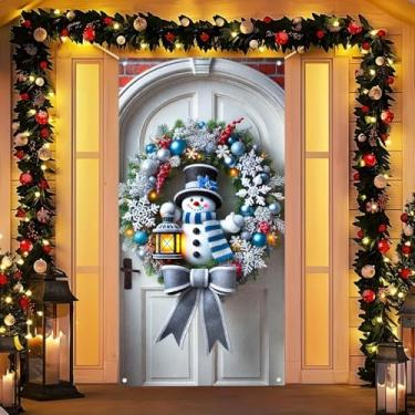 Imagem de BlissYard Capa de porta de lanterna de boneco de neve 188 x 89 cm Faixa de Natal para porta da frente decorações internas grande cenário de guirlanda de férias com ornamentos azuis laço prata flocos