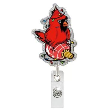 Imagem de Carretel de crachá de pássaro vermelho engraçado com glitter com cordão de luzes coloridas design retrátil de crachá de Natal carretéis de crachá de identificação animal clipe de crachá de inverno