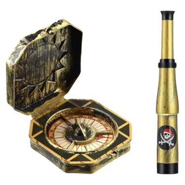 Imagem de HywkingGrt 2 peças de bússola e telescópio de bronze, acessórios piratas de Halloween, espião e bússola, decoração de capitão pirata, jogos de design hábil para festa de Halloween, cosplay