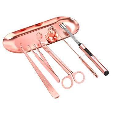 Imagem de 6 in 1 Candle Accessory Set,Candle Wick Trimmer Cutter,Candle Wick Dipper,Candle Wick Snuffer, Rechargeable Candle Lighter,Storage Tray Plate,Tweezers,Stainless Steel Candle Care Kit Gift(Rose Gold)…