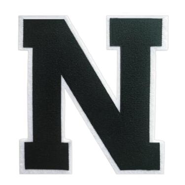 Imagem de 1 Patch de letra de chenille preto de 16,5 cm com borda branca – Adesivos do alfabeto para roupas, jaquetas, mochilas, chapéus para decoração personalizada, nome personalizado e artesanato. (N)