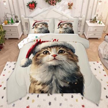 Imagem de Feelyou Conjunto de edredom de gato fofo tamanho king para crianças, meninos, meninas, feliz Natal, chapéu de Papai Noel, decoração de quarto, conjunto de edredom, 1 edredom + 2 fronhas