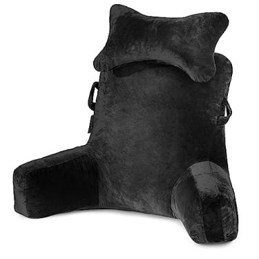 Imagem de SLIGUY Almofada de leitura para cama com rolo de pescoço removível e braço de suporte superior para sentar na cama, sofá ou no chão, almofada de leitura para adultos para leitura/assistir TV/jogos, preto