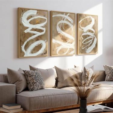 Imagem de Vaskuro Pinturas de arte neutra 3D emolduradas extra grandes feitas à mão para sala de estar, sala de jantar, 3 peças de arte minimalista abstrata texturizada para parede, decoração aconchegante