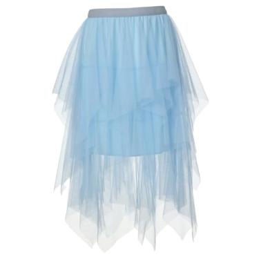 Imagem de UniqKaliber Saia feminina assimétrica de tule com cintura elástica, tutu em camadas, comprimento midi para festa à fantasia