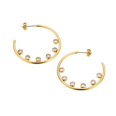 Imagem de Brincos de argola com círculos de zircônia cúbica de aço inoxidável para mulheres banhado a ouro 18 quilates - brincos elegantes para mulheres, perfeitos para casamento, festa ou noite