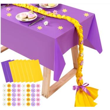 Imagem de Toalha de mesa de plástico roxo e amarelo, decoração de festa descartável de 137 x 272 cm com fita de flor, fita dupla face, toalha de mesa retangular para decoração de aniversário e Natal