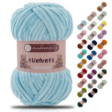 Imagem de Makromecity Fio de veludo 100 g (3,5 oz) / 120 m (132 jardas) fio de chenille premium 100% poliéster, ultra macio, antibolinhas, lavável na máquina, 30 cores para tricô e crochê (azul bebê, 1 novelo)