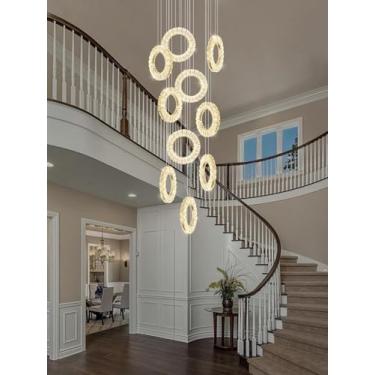Imagem de Lustre moderno em espiral com design de escada, luminária pendente LED dimerizável de grandes dimensões, com cristais redondos, ideal para hall de entrada, quarto, sala de estar, banheiro e