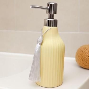 Imagem de Luiggi Presentes Dispensador de Sabonete Líquido em Porcelana, 300ml, Válvula Cromada, Design Canelado, Disponível em Branco, Azul Petróleo e Creme, 19cm x 7cm, com Tassel Decorativo (Creme)