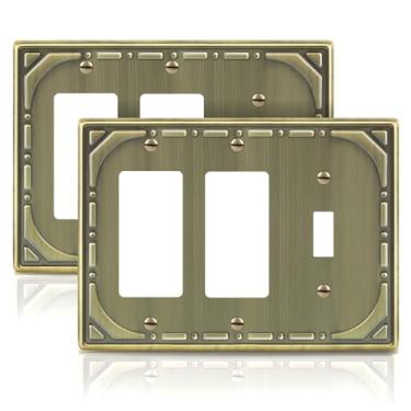 Imagem de Combinação de metal para interruptores de luz, placa de parede, 1 interruptor/2 placas decorativas, latão antigo, placa de parede decorativa de 3 grupos - estilo retrô clássico, pacote com 2