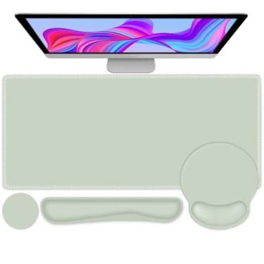 Imagem de 4 peças de protetor de mouse pad de mesa, descanso de pulso para teclado + tapete de mouse confortável com descanso de pulso + porta-copos para jogos, grande mousepad para computador, laptop, 35,4 x