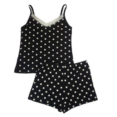 Imagem de Pijama short doll feminino basic + viscolycra alça fina preto com renda marfim estampa bolinha