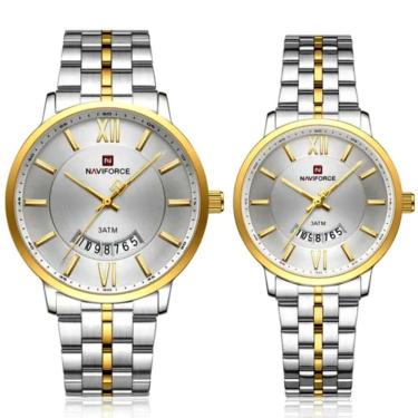 Imagem de Relogio De Pulso Conjunto Casal Em Aço Inoxidável De Quartzo Design Casual Impermeavel 3atm Branco Dourado