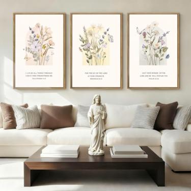 Imagem de IARTTOP Arte de parede com versículo bíblico cristão extra grande com moldura 61 x 91 cm, conjunto de 3 decoração de parede minimalista, botânica, floral, religiosa, casa de fazenda, para igreja, sala