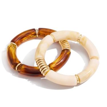 Imagem de Unurgoonit 2 pulseiras elásticas de resina para mulheres, conjunto de pulseiras elásticas grossas de aço inoxidável, joias de pulso à prova d'água, Metal, Sem Pedra Preciosa