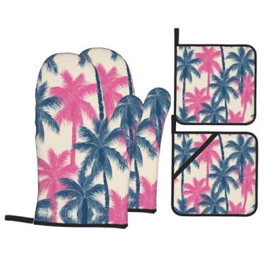 Imagem de Conjunto de luvas de cozinha com estampa de palmeira com suportes de tampa, luvas de forno resistentes ao calor para manusear panelas quentes, grelhar, churrascos, kit de 4 peças.