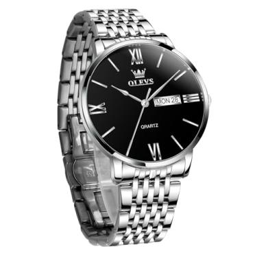 Imagem de OLEVS Relógio masculino à prova d'água, minimalista, analógico, quartzo, aço inoxidável, casual, com data, clássico, luxuoso, elegante, numerais romanos, mostrador grande, Relógio preto - G5010, round