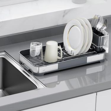 Imagem de Glad Escorredor de pratos de aço inoxidável - Escorredor de pratos pequeno com suporte removível de talheres, bico de drenagem e barra de toalha - Rack de metal resistente à ferrugem para bancadas de