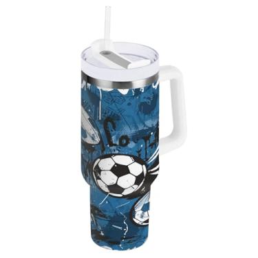 Imagem de STAYTOP Copo de futebol colorido de 1,134 g com tampa e canudo, copo isolado de aço inoxidável durável à prova de vazamento com alça, garrafas de água à prova de derramamento para viagens
