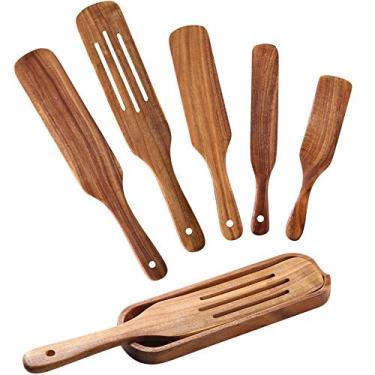 Imagem de QWKIT Talheres de cozinha de madeira, 6 peças de espátulas de madeira de teca natural premium, conjunto de colheres de espátulas para panelas antiaderentes, cozinhar, resistente ao calor, antiaderente (com suporte)