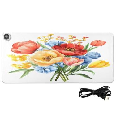 Imagem de Burbuja Tapete de rato quente para mesa com buquê floral em aquarela, 3 níveis de aquecimento e desligamento automático de 3 horas, tapete de teclado de mesa aquecido antiderrapante para presente de