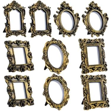 Imagem de Maitys 10 peças de mini molduras vintage pequenas fotos antigas barrocas ornamentadas resina oval moldura de mesa para decoração de casamento para casa (preto dourado)