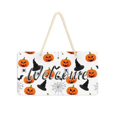 Imagem de Burbuja Placa de boas-vindas de abóboras de Halloween para porta da frente, placa de boas-vindas de PVC para decoração de férias de casa de fazenda, 15 x 28 cm