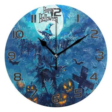 Imagem de YETTASBIN Relógio de parede de espantalho de Halloween, silencioso, sem tique-taque, operado por bateria, relógio redondo decorativo criativo para cozinha, sala de estar, banheiro, decoração de