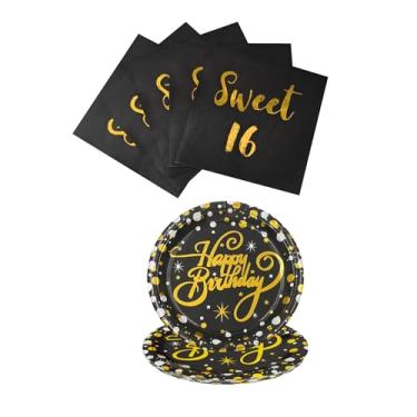 Imagem de Conjunto de pratos e guardanapos de aniversário de 16 anos, preto e dourado, conjunto de utensílios de mesa para festa de 16 anos, 16, guardanapos de coquetel e pratos de feliz aniversário para