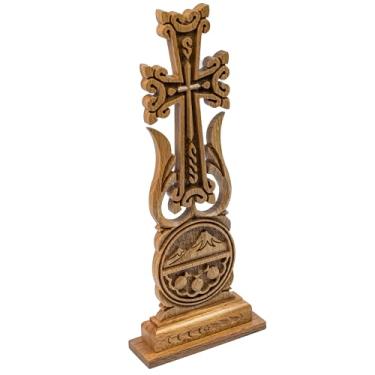 Imagem de HandCraftoria Cruz armênia de madeira exclusiva com cruz armênia de madeira com cruz de ornamentos de ararat e romã para mesa, melhor lembrança de presente armênio (bege)