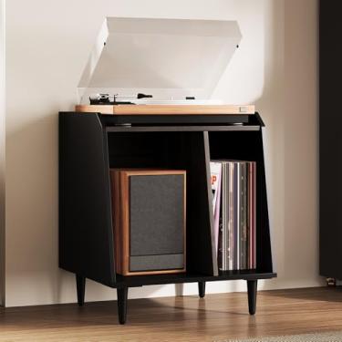 Imagem de Rresyet Suporte para toca-discos com armazenamento de vinil, suporte para discos de vinil com prateleiras divididas ajustáveis, pernas de metal para sala de música e sala de estar