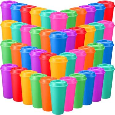 Imagem de Honeydak Pacote com 45 xícaras de café reutilizáveis de 473 ml com tampas, garrafa de água, café gelado, caneca de viagem, reutilizável, portátil, copos de chá de plástico a granel para bebidas
