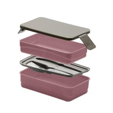 Imagem de Marmita Prática Organizadora com Divisórias, Rosa, Livre de BPA, 2 Potes Empilháveis, com Talheres Reutilizáveis, 20x11x4cm e 21x12x5.5cm