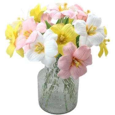 Imagem de ALIERSA 15 peças de tulipas artificiais realistas de poliuretano, arranjo floral falso para decoração de casa, buquê de casamento, decoração de festa (rosa, amarelo e branco)