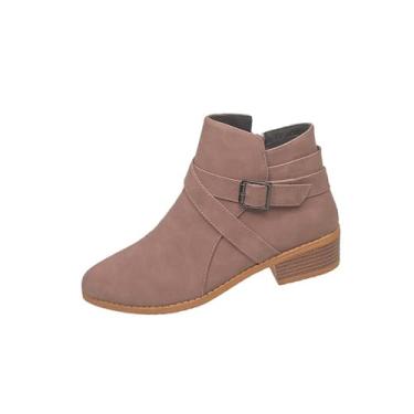 Imagem de Botas femininas casuais curtas bico fino zíper lateral salto baixo cano baixo botas femininas, Marrom, 35