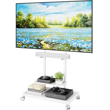 Imagem de ECOTINY Suporte de TV com base de aço com suporte de barra de som para TVs de 50 a 90 polegadas até 69,9 kg, suporte móvel giratório e inclinado com grande armazenamento, carrinho de TV resistente