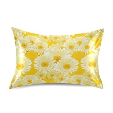 Imagem de Fronhas de cetim margaridas fofas flores amarelas douradas padrão King Queen fronhas deslizantes personalizadas para cama refrescante capa de travesseiro tamanho padrão 66 cm x 50 cm
