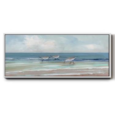Imagem de Renditions Gallery Tela emoldurada flutuante decoração de casa Sandpipers on Beach Shoreline Painting Wall Hangings for Bedroom Office Lobby Lounge - 20.3 cmx50.8 cm moldura branca LT615