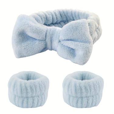 Imagem de Conjunto de 3 faixas de cabelo para lavagem facial, flanela, laço elástico, para maquiagem, cuidados com a pele, spa, rotina de beleza, azul