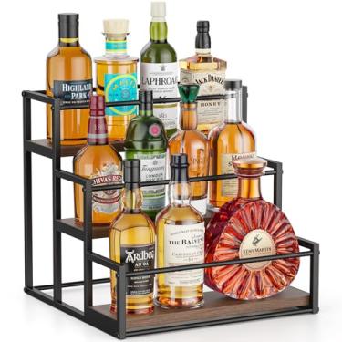 Imagem de THYGIFTREE Prateleira de exibição de garrafa de licor, suporte de rack de 3 níveis, suporte de prateleira de bar para copos de uísque de vinho, organizador de bancada de cozinha