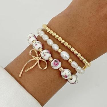 Imagem de Conjunto de pulseiras de ouro para mulheres, laço com contas, não mancha, grosso, elástico, clipe de papel, cruz, pérola, joias de Natal, presentes de amizade, Medium, Latão, Sem Pedra Preciosa