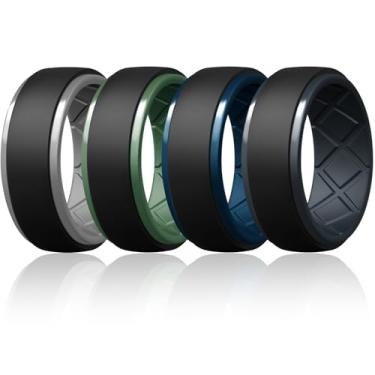 Imagem de Egnaro Anéis de casamento masculinos de silicone, 10,5 mm x 2,8 mm de espessura, aliança de noivado de borracha preta à prova d'água para treino, 9.5-10, Silicone, Sem pedra preciosa