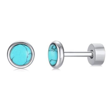 Imagem de FACOKO Brincos de ônix hipoalergênicos de titânio G23 com costas planas para vários piercings, orelhas sensíveis, 3MM, Titânio, Opala Ônix Turquesa azul Opala Ônix