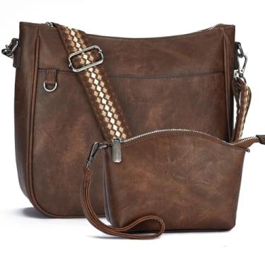Imagem de Blucoay Bolsas transversais para mulheres, 2 peças de bolsas Hobo de couro vegano, conjunto de bolsas e carteira, bolsas de ombro com 2 alças ajustáveis, B3-café, Retrô