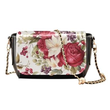 Imagem de Bolsa feminina de couro floral com flores em aquarela com bagas, bolsa de ombro média, bolsa transversal feminina de couro, Flor em aquarela com frutas florais - 1, One Size