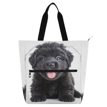 Imagem de GAIGEO Sacola de livro para mulheres e crianças com zíper fofo filhote preto sorrindo animal estampado ombro bolsa de trabalho