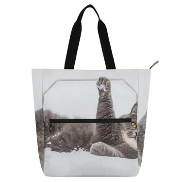 Imagem de GAIGEO Sacola cinza divertida de arte de gatinho para trabalho, escola, livros, presente de lona, bolsa com zíper para mulheres, crianças e adolescentes